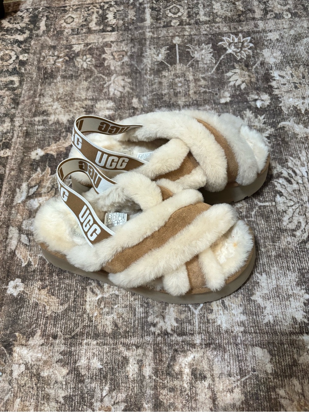 UGG Chestnut and Cream Fluff Slide with Branded Elastic Strap
